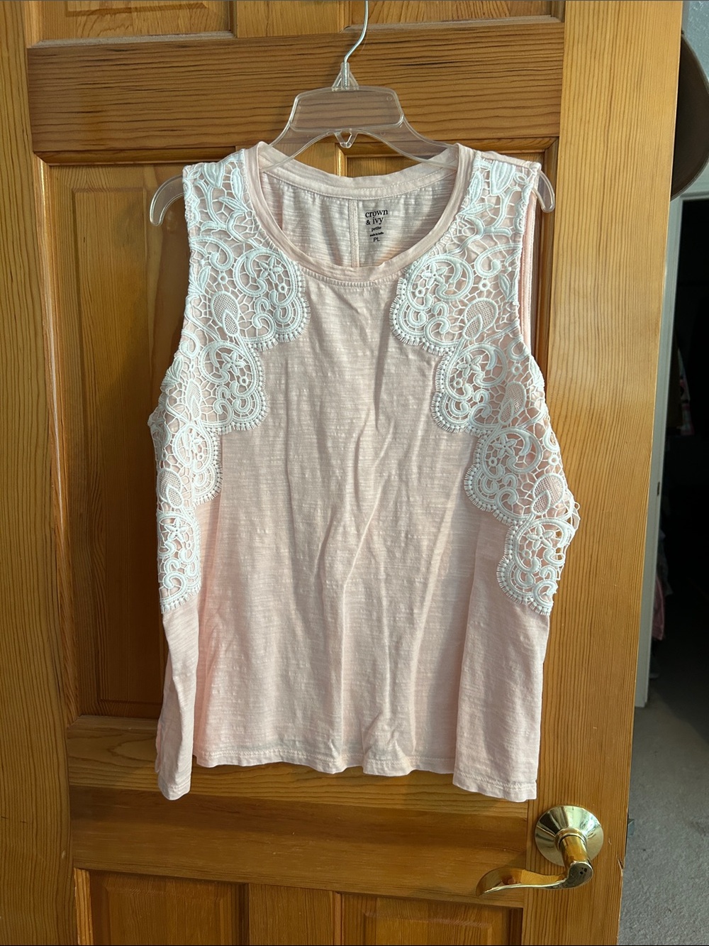 crown & ivy Pale Pink Tank with White Lace Insets